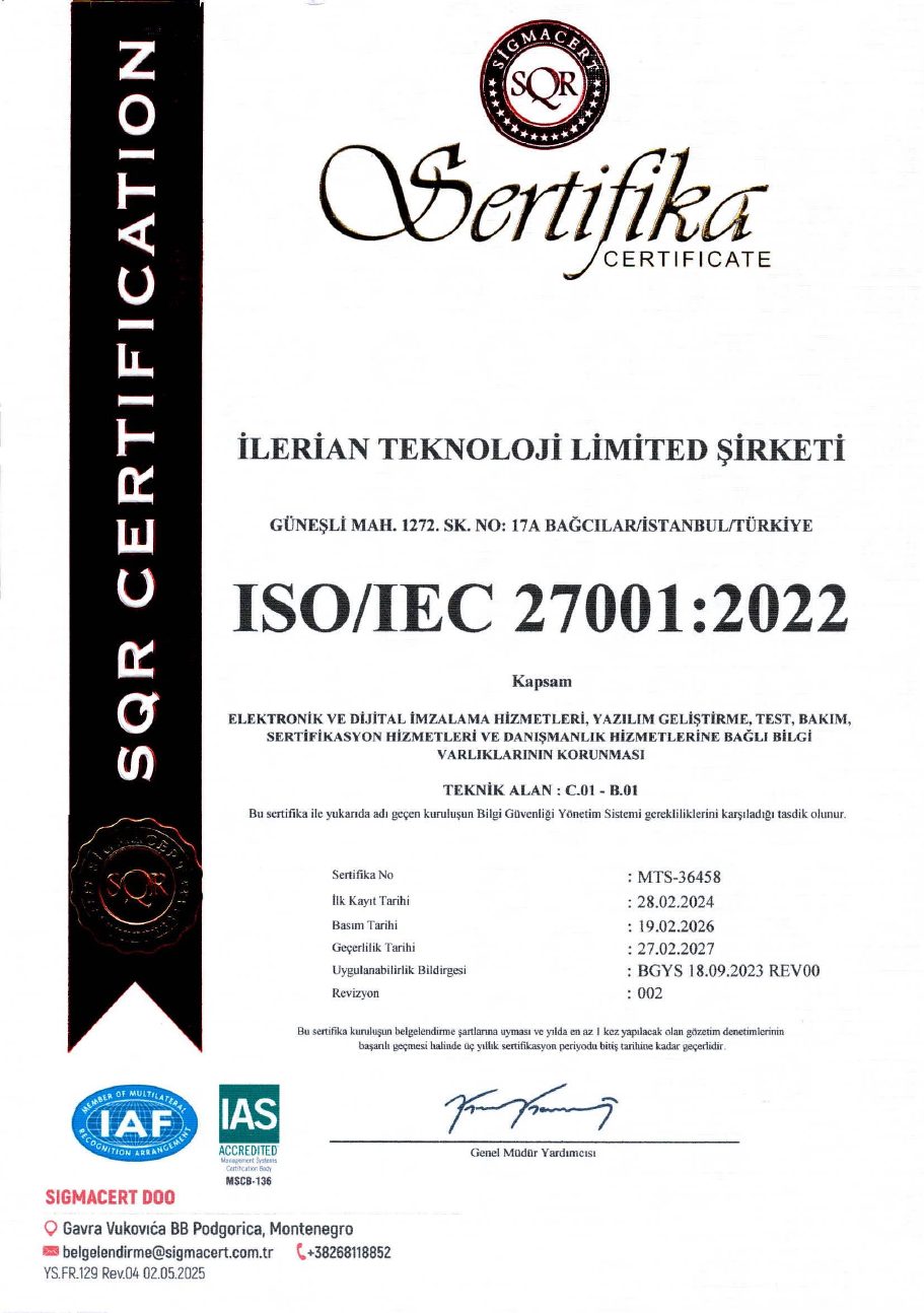 ISO/IEC 27001:2022 sertifikası, İlerian Teknoloji Ltd. Şti., sertifika no MTS-36458